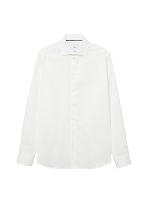 Vit långärmad skjorta i slät tyg. Har klassisk krage, knappstängning och knäppta ärmslut. Ingen mönster eller dekorationer.