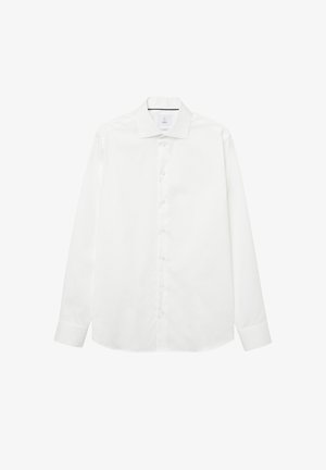Vit långärmad skjorta i slät tyg. Har klassisk krage, knappstängning och knäppta ärmslut. Ingen mönster eller dekorationer.