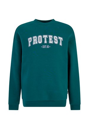 Teal sweatshirt met een ronde halslijn, ribgebreide cuffs en zoom, en een grote opdruk aan de voorkant met de tekst "PROTEST EST. 93" in wit en grijs.