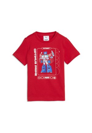 Maglietta rossa a maniche corte per bambini con grafica blu e rossa di Optimus Prime con i testi "AUTOBOT" e "OPTIMUS PRIME".