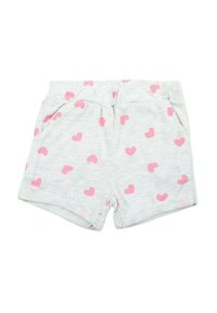 Shorts en coton gris avec un motif de petits cœurs roses, dotés de poches latérales et d'une taille élastique pour le confort.