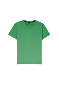 Groene katoenen T-shirt met een ronde hals, korte mouwen en een klein blauw boompje logo aan de linkerkant van de borst. Zachte textuur.