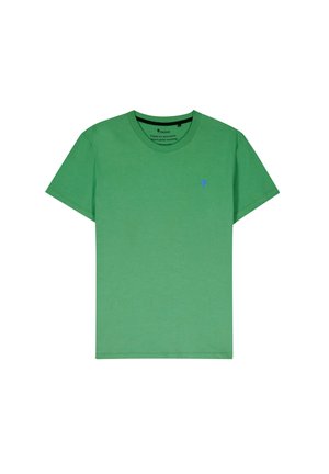 T-shirt en coton vert avec un col rond, des manches courtes et un petit logo d'arbre bleu sur le côté gauche de la poitrine. Texture douce.