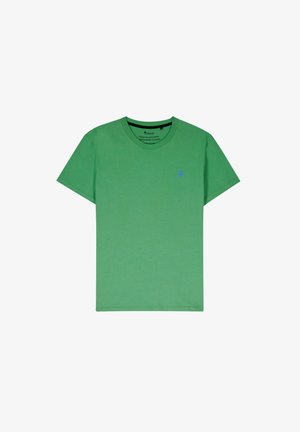 T-shirt en coton vert avec un col rond, des manches courtes et un petit logo d'arbre bleu sur le côté gauche de la poitrine. Texture douce.