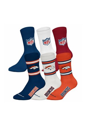 Fünf Paar NFL-Socken in Navy, Weiß, Rot und Orange mit Denver Broncos Logos und dem Schriftzug „BRONCOS“, präsentiert vor weißem Hintergrund.