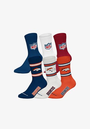 Fünf Paar NFL-Socken in Navy, Weiß, Rot und Orange mit Denver Broncos Logos und dem Schriftzug „BRONCOS“, präsentiert vor weißem Hintergrund.