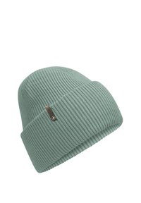 Mint green knitted beanie with ribbed texture and a folded cuff. Features a small metal tag for branding on the side.
