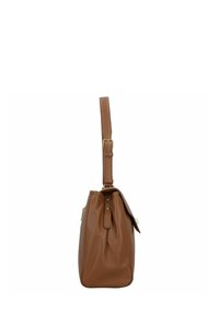 Borsa a mano in pelle marrone con una forma strutturata, tracolla regolabile, dettagli in metallo dorato e un design arricciato nella parte superiore.