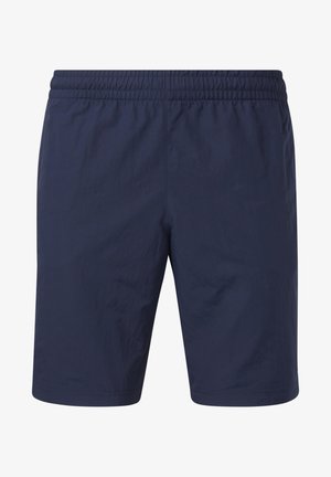 Marineblå shorts laget av lett materiale, med elastisk midje, rett snitt og uten synlige lommer eller mønstre.