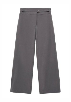 Wide-leg trousers in dark gray fabric with a smooth texture, featuring a belted waist and a minimalist design.