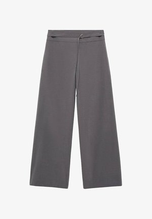 Široke hlače od tamnosivog materijala s glatkom teksturom, s remenom u struku i minimalističkim dizajnom.