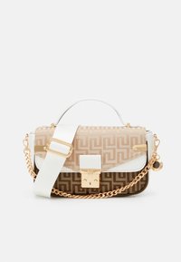 Tan and brown patterned handbag with gold hardware. Features a detachable white strap, top handle, and a metallic clasp closure.