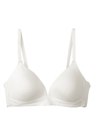 Sostén triangular blanco de algodón con tirantes ajustables, textura suave y detalle de costura en la base. Diseño simple y minimalista sin adornos.