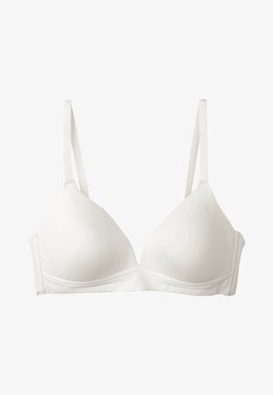 Sostén triangular blanco de algodón con tirantes ajustables, textura suave y detalle de costura en la base. Diseño simple y minimalista sin adornos.