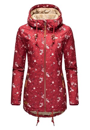 Rode jas met bloemenpatroon, voorzien van een ritssluiting, verstelbare capuchon en een trekkoord in de zoom. Gemaakt van lichtgewicht stof met een zachte binnenvoering.