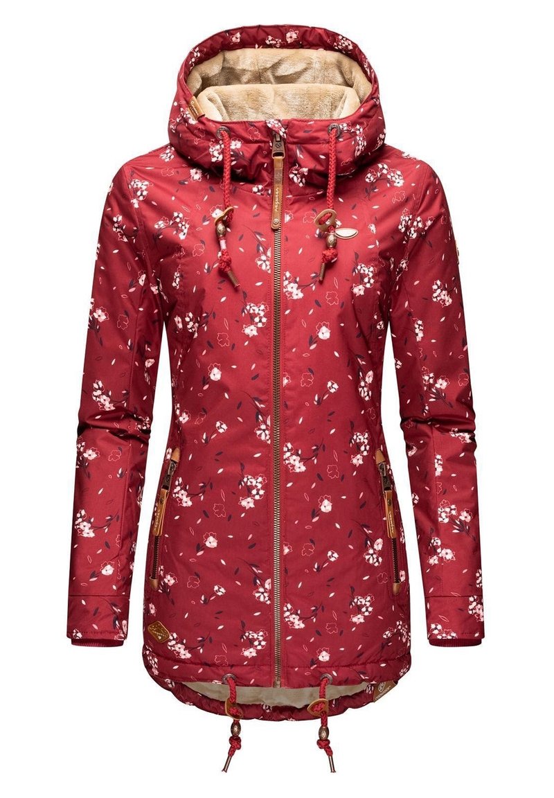 Röd blommönstrad jacka med dragkedjestängning, justerbar huva och dragsko i nederkant. Tillverkad av lätt tyg med mjukt innerfoder.