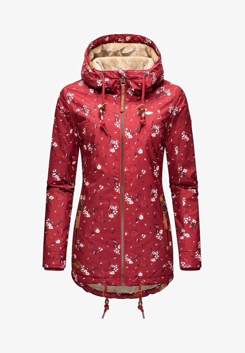 Röd blommönstrad jacka med dragkedjestängning, justerbar huva och dragsko i nederkant. Tillverkad av lätt tyg med mjukt innerfoder.