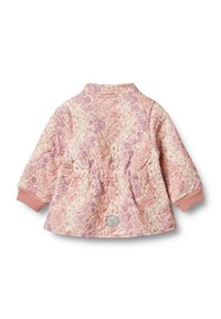 Gestepptes Jäckchen in Pastellrosa mit floralem Muster, Rippbündchen und elastischem Taillenbund. Verfügt über ein rundes Metall-Logo auf dem Rücken.