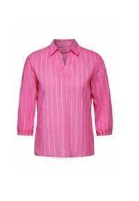 Blusa rosa con colletto, maniche a tre quarti e strisce verticali bianche. Tessuto leggero con una vestibilità comoda e una trama sottile.