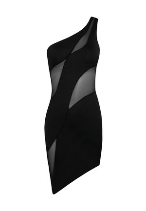 Een zwart een-schouder jurk van textured stof met sheer panelen, met een fitted silhouet en een asymmetrische zoom.