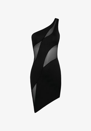 Schwarzes Ein-Schulter-Kleid aus strukturiertem Stoff mit transparenten Einsätzen, das eine figurbetonte Silhouette und einen asymmetrischen Saum aufweist.