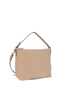 Béžová kožená taška přes rameno s nastavitelným popruhem a embosovaným logem "JOOP! JEANS", obdélníkový tvar, na zip.