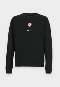 Μαύρο φούτερ από βαμβακερό μείγμα, με κεντρική κόκκινη και λευκή ασπίδα με το λογότυπο Jordan και λευκό λογότυπο Nike από κάτω. Στρογγυλή λαιμόκοψη και μακριά μανίκια.