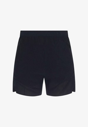 Črne atletske kratke hlače z teksturirano tkanino, elastičnim pasom, stranskimi žepi in mrežastimi izrezi za prezračevanje.