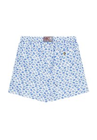 Shorts de bain bleus et blancs à motif de poisson, avec taille élastique et poche arrière fermée par un bouton.