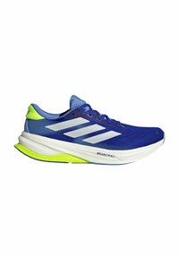 Blue running shoe with a textured mesh upper, white stripes, padded collar, and bright green accents on the heel and sole.