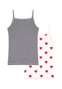 Twee camisoles: de ene grijs met dunne horizontale strepen, de andere wit met rode hartjespatronen. Beide hebben dunne, verstelbare bandjes.