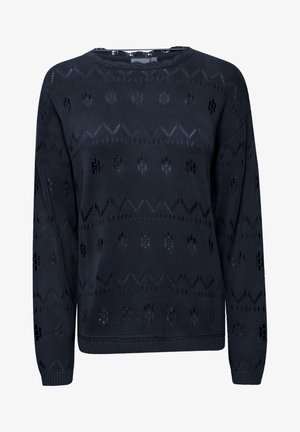 Marineblå strikkegenser med geometriske og blomsterformede utskjæringsmønstre, rund hals, og ribbestrikkede mansjetter og hem. Myk tekstur med lett design.