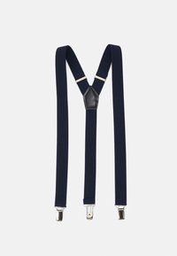 Suspenders élastiques bleu marine avec des clips en métal argenté et un attachement central en cuir noir. Texture plate et design en V.