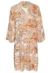 Sukienka w kwiatowy wzór paisley w kolorze pomarańczowym, kremowym i szarym. Zwiewne rękawy, okrągły dekolt i luźny krój. Lekka tkanina z misternymi wzorami.