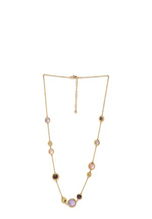 Goldkette mit runden Edelsteinen in Schattierungen von Lila und Rosa, die abwechselnd mit goldenen Akzenten und filigranen Details versehen sind.