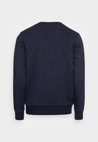 Sudadera azul marino con mangas largas, puños acanalados y cuello redondo. Textura lisa, diseño minimalista, sin patrones ni logotipos visibles.