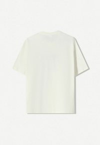 T-shirt bianco in cotone, maniche corte, colletto rotondo, texture morbida, colore uniforme. Nessun motivo o dettaglio visibile sul retro.