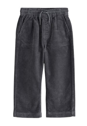 Pantalon en velours côtelé gris foncé avec taille élastique, cordon de serrage et poches latérales, coupe large aux jambes.