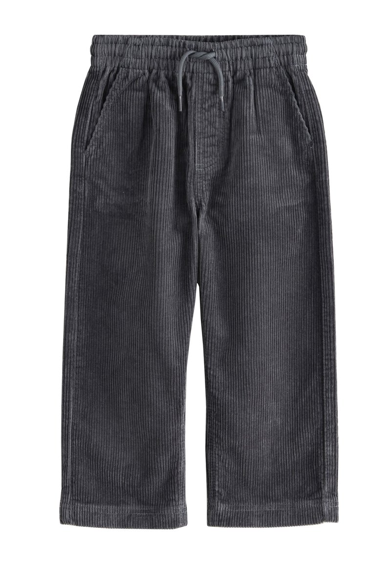 Pantalon en velours côtelé gris foncé avec taille élastique, cordon de serrage et poches latérales, coupe large aux jambes.
