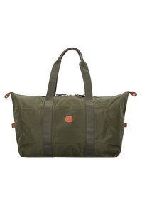 Borsa a duffel verde oliva realizzata in nylon, con due manici in tessuto, una patch in pelle e una chiusura superiore con zip.