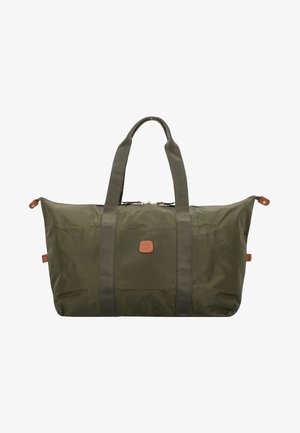 Borsa a duffel verde oliva realizzata in nylon, con due manici in tessuto, una patch in pelle e una chiusura superiore con zip.