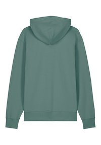 Hoody in zachte, gedempte teal. Beschikt over een kangoeroezak, geribbelde manchetten en zoom. Soepele textuur zonder zichtbare logo's of patronen.
