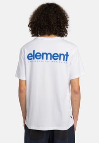 White cotton t-shirt featuring a large blue "element" logo on the back. Short sleeves and a relaxed fit with visible stitching detail.