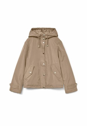 Beige hooded jacket met een voorste drukknoopsluiting, twee grote schuine zakken en verstelbare trekkoorden op de capuchon. Gladde textuur.