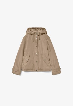 Beige hooded jacket featuring a front snap closure, two large angled pockets, and adjustable drawstrings on the hood. Smooth texture.