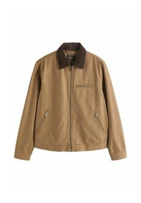 Veste à fermeture éclair marron clair avec col en velours côtelé marron foncé, deux poches latérales zippées et une poche poitrine zippée, fabriquée en tissu durable.