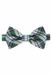 Zielono-niebieski muszki w krat ę z różnorodnymi wzorami, wykonany z tkanej tkaniny o gładkiej strukturze, zabezpieczony regulowanym paskiem.