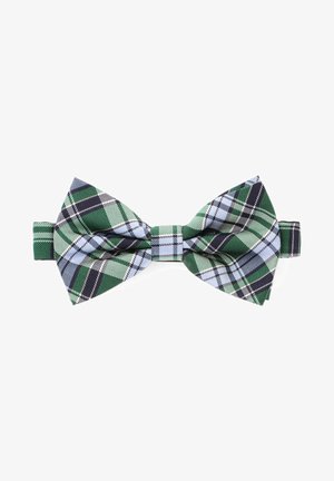 Zielono-niebieski muszki w kratę z różnorodnymi wzorami, wykonany z tkanej tkaniny o gładkiej strukturze, zabezpieczony regulowanym paskiem.