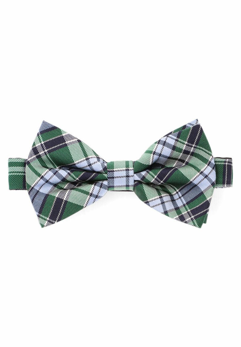 Zielono-niebieski muszki w kratę z różnorodnymi wzorami, wykonany z tkanej tkaniny o gładkiej strukturze, zabezpieczony regulowanym paskiem.