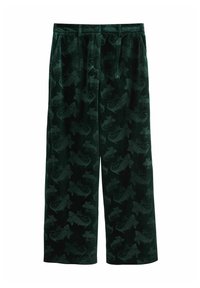 Pantaloni largi din catifea verde închis, cu un model subtil paisley, închidere cu buton frontal și curea.